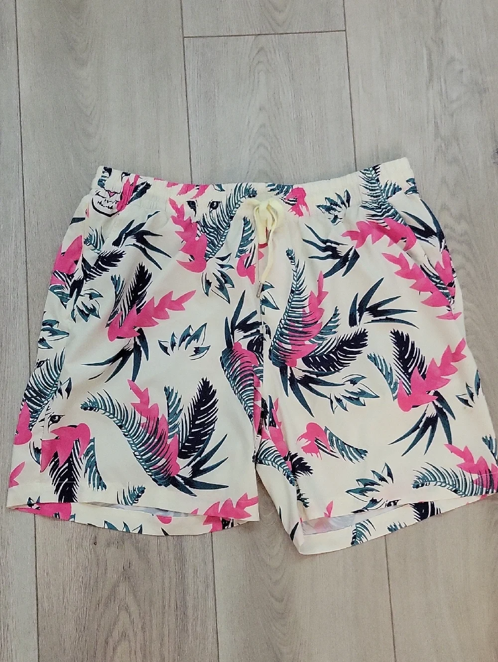 Men's Athletic Drawstring Shorts in Cream with Pink & Blue Leaf Print